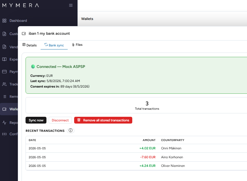 Bank integration — Internet Banking tab on a wallet showing a synced Enable Banking connection, daily transaction list, and high-confidence auto-matched payments.