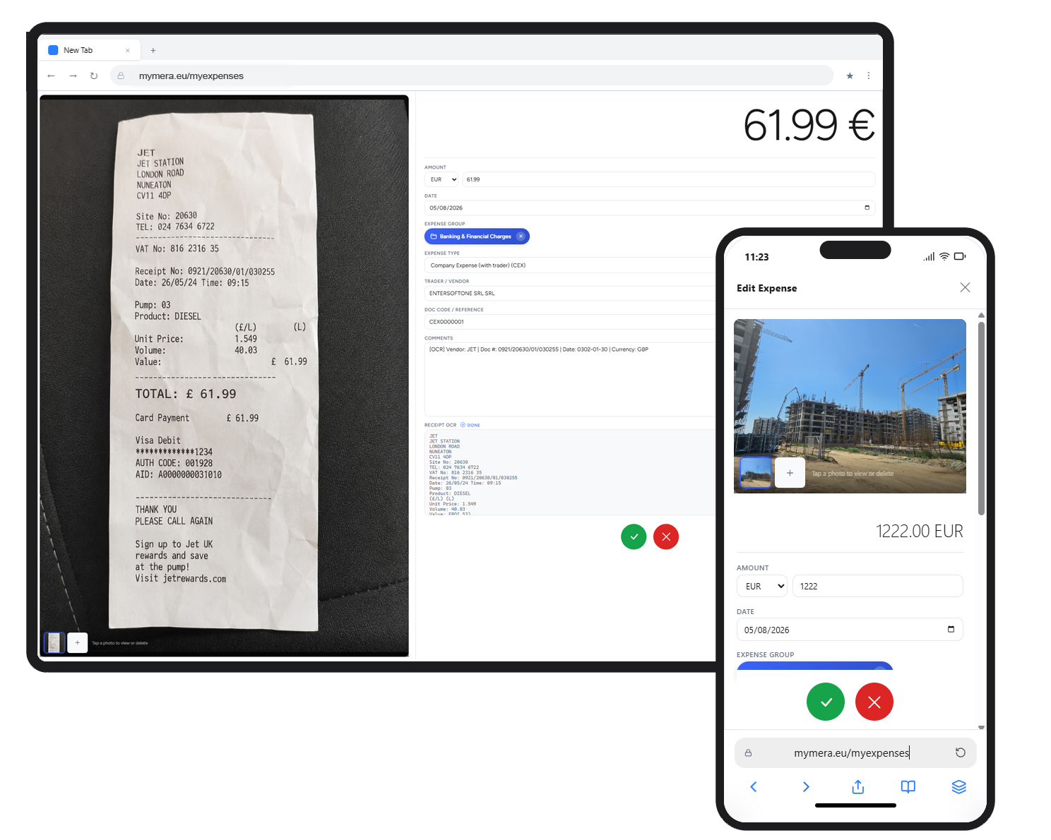 MyMera Expenses — receipt photo capture with OCR-extracted amounts, dates and VAT numbers