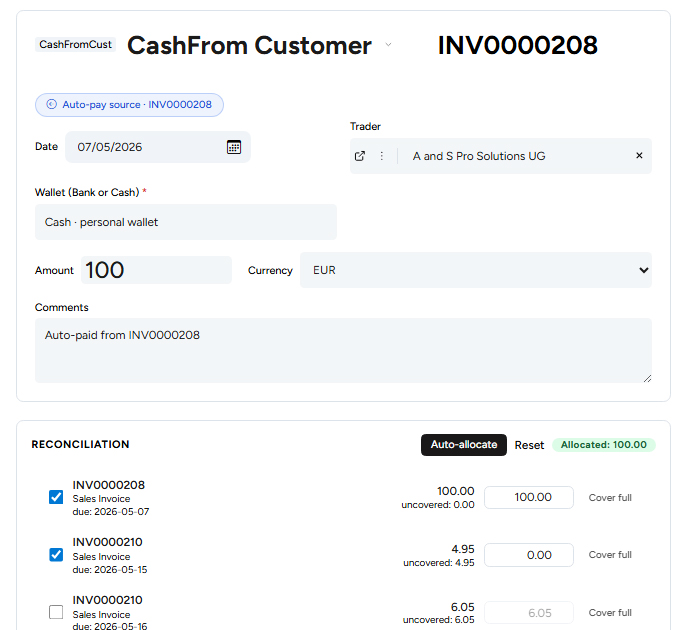 Auto-pay rules tab on a doctype configuration form, plus an invoice with a green chip linking to its auto-created cash receipt.