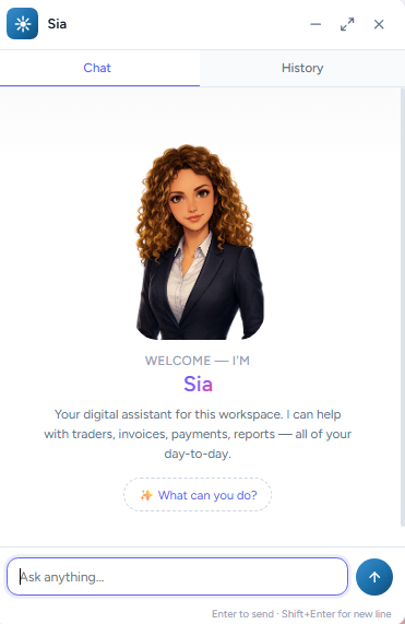 Sia AI chat in popout mode with conversation history sidebar, a tool-call result for create_document, and the Aegean-blue gradient header.